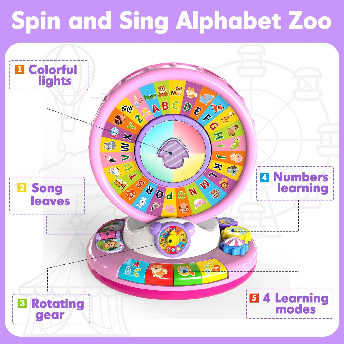 Duchong Learning Toy for 1 2 3 Year Old Girls, Spin and Sing Alphabet Zoo with Sounds, Interactive Educational Toys for Toddlers 1-3, Christmas 1st Birthday Gifts for Baby Girls Boys 9-12-18 Months