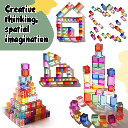 Dinhon 100 Pcs Acrylic Blocks for Toddler - 10 Colors Rainbow Gem Blocks, 2.5x2.5cm Crystal Cubes Stacking Rainbow Toy for Kids 1-5 Years Old, Light Table Blocks Bulk Birthday Gift