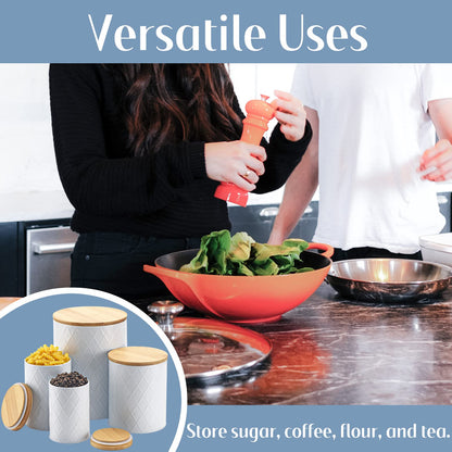 Kazozobi White Kitchen Canisters Set with Bamboo Lids, Airtight Sugar, Flour, Coffee, Cookie Storage Canister Sets for kitchen Countertop, Farmhouse kitchen decor, 4 Pack