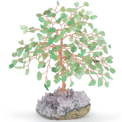 MASGEMES Gemstone Crystal Tree of Life,Natural Green Aventurine with Amethyst Cluster Base,Feng Shui Gift Bonsai Money Tree,Home Decor for Luck and Wealth 5.5"-6.3"