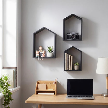 Threehoney 3 Set Wall Shelf 9.8 x 7.1 Inch Wooden Hanging Shelf Deep Display Storage Shelves Floating Shelves for Home Office Room Mini Figures Potted Plants Wall Decor(House,Black)