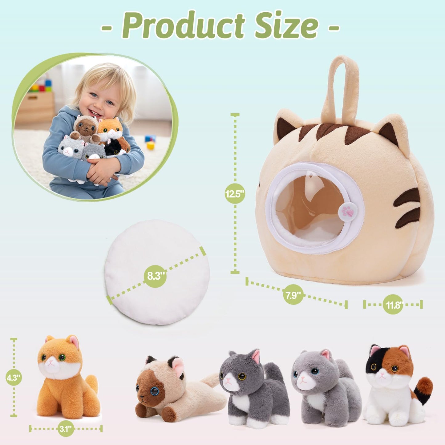 OUOZZZ Cat Stuffed Animal House – Plush Kitten Toy Set with 5 Soft Cats – Interactive & Travel-Friendly Kitties Carrier Playset for Toddlers & Kids – Huggable, Portable Birthday Gift for Baby Girls
