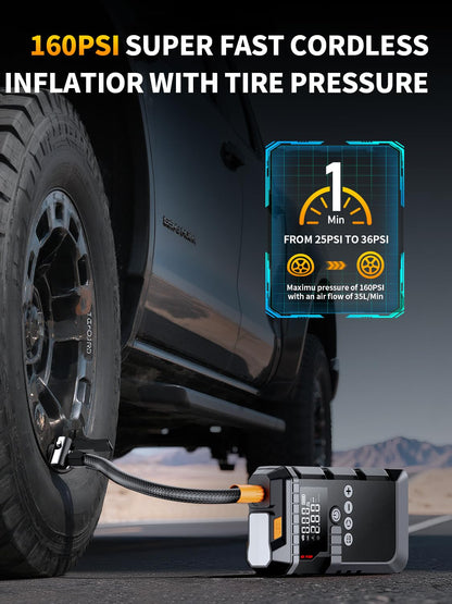 Jump Starter with Air Compressor, Battery Jumper Starter Portable,12V Jump Box with 160PSI Tire Inflator for Car Battery, LED Display for All Gas & 12L Diesel Engines, LED Light, Jumper Cables