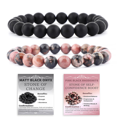 NCB 2-Piece 8mm Natural Crystal Gemstone Stretch Bracelets – ﻿Pink Black Rhodonite, Matte Black Agate Handmade Reiki Energy Healing Jewelry for Meditation,Yoga, Unisex