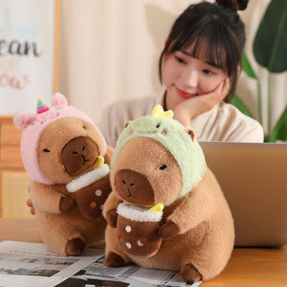 Karoeiwa Dinosaur Capybara Plush Drinking Milk Tea 11 inch Cute Dino Capibara Stuffed Animal Ultra Soft Plushies Toys Kawaii Gifts for Kids Brown