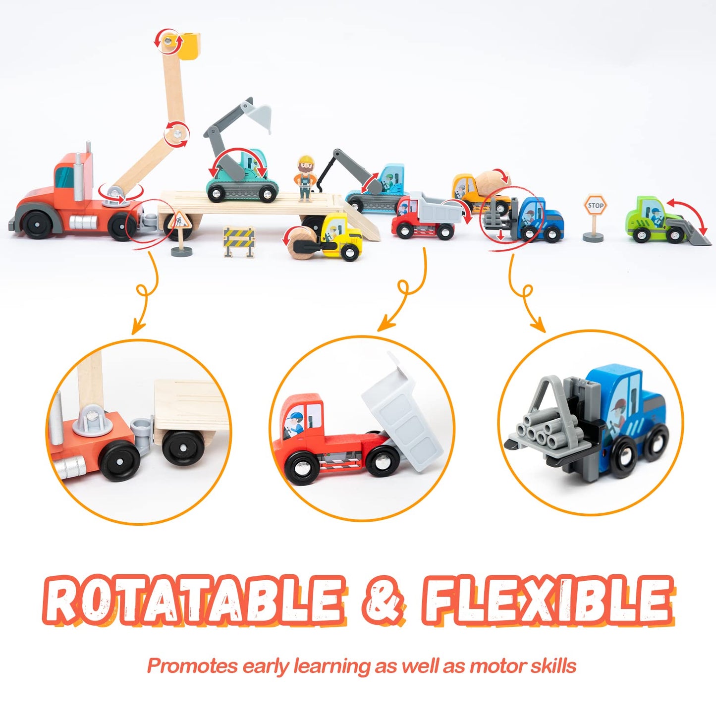 Wooden Construction Site Vehicles with Trailer 14 PCS Set, Vehicle Toys Cars for Toddlers and Kids Ages 3+ Gifts for Boys Girls, Compatible with Thomas and Other Major Brand Train Toy and Railway Set