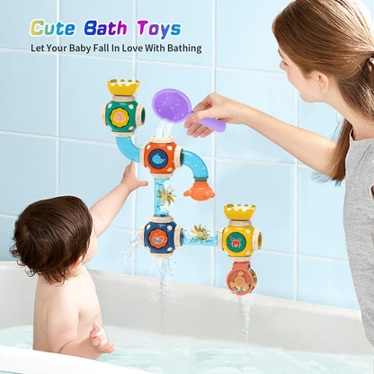 ZWYOIUG Bath Toys, STEM Baby Bathtub Toy with DIY Pipe Tubes, Cubes,Spoon, Lovely Cute Bathroom Time Spray Waterfall Shower Toy, Suitable for Toddlers Boys Girls 3 Years and up