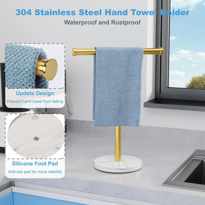 Blemoacha Hand Towel Holder, T-Shape Hand Towel Stand with Heavy Marble Base, Stainless Steel Towel Bar Rack for Bathroom Vanity, Kitchen Countertop, Gold