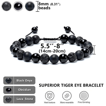 SAMXY Mens Bracelets Beads-8MM Black Onyx Obsidian Lava Stone Beads-2Pcs Handmade Natural Stone Crystal Healing Bracelet-Protection Bracelet for Men