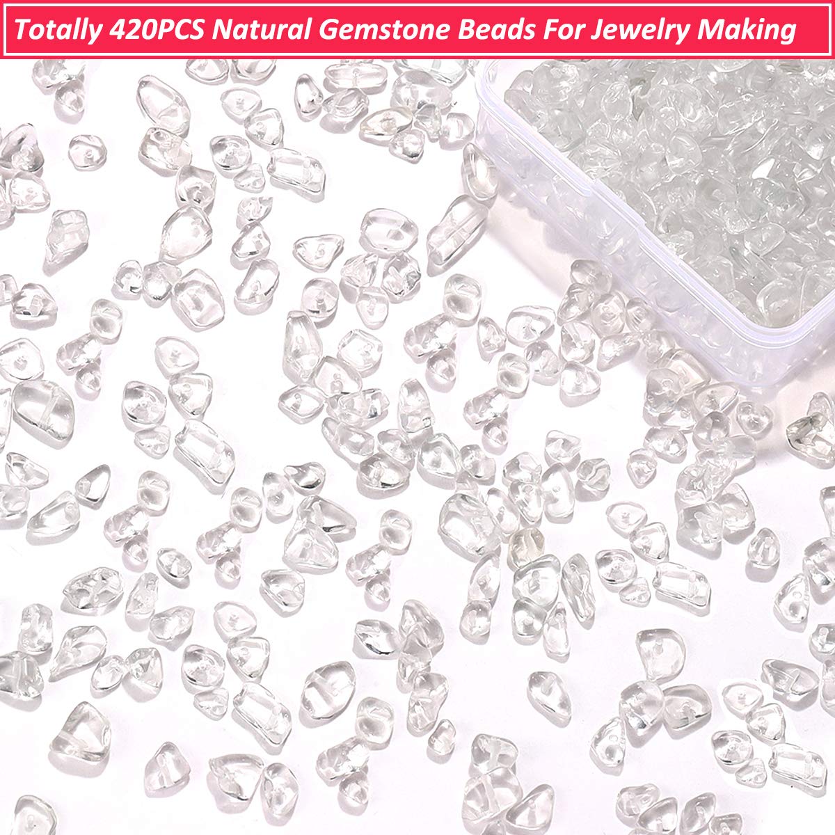 420PCS Chip Stone Beads Clear Crystal Quartz, Irregular Gemstones Healing Crystal Loose Beads Crushed Chunked Crystal Pieces Hole Drilled for DIY Art Crafts Jewelry Making (Clear Crystal Quartz)
