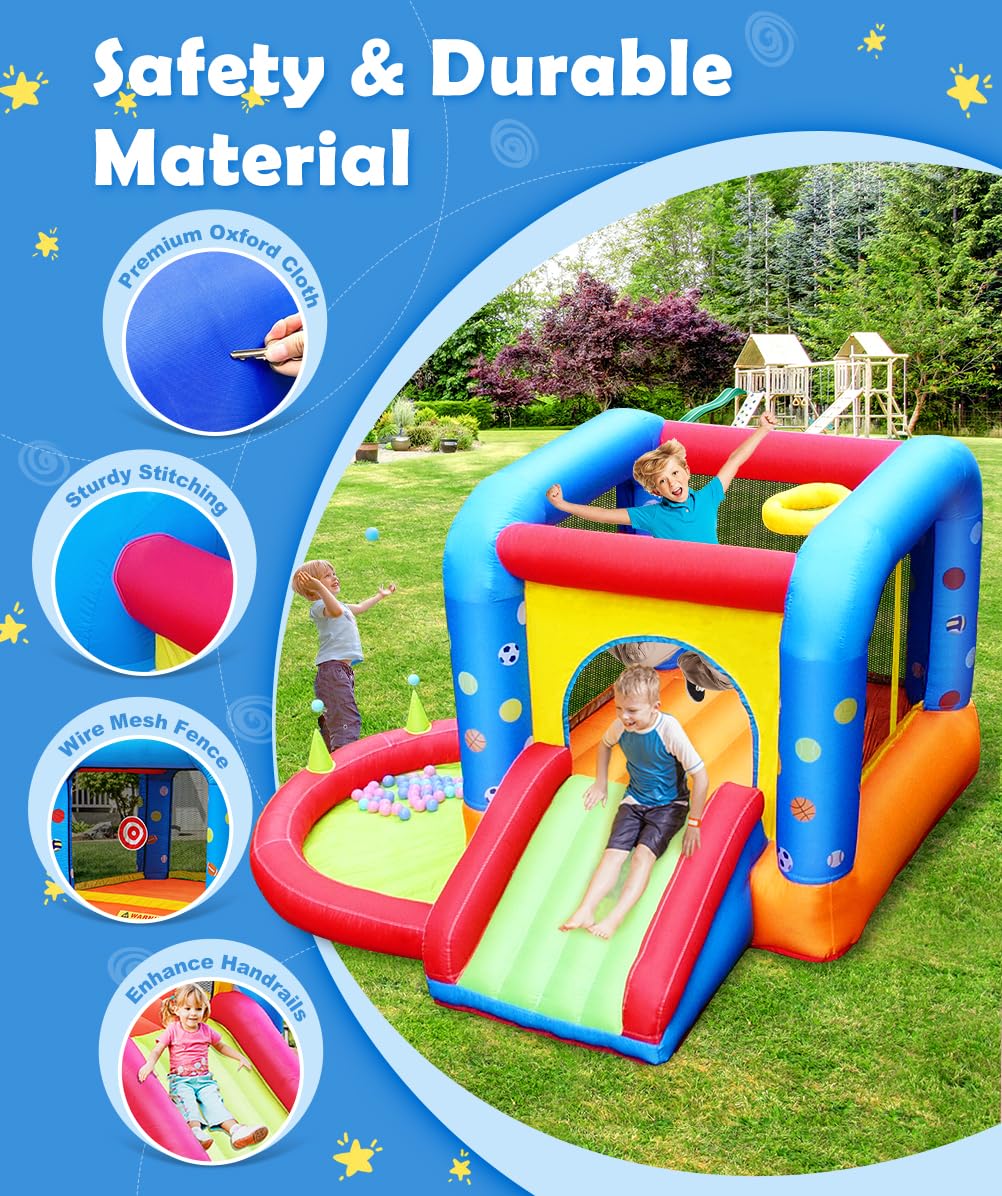 Step4Fun Inflatable Bounce House, Kids Castle Slide Bouncer for Children Jumping Outdoor and Indoor Party, Baby Backyard Water Jumper Toy with Blower, Ball Pit Pool, Ideal Gifts（112 x 98 x 65”）