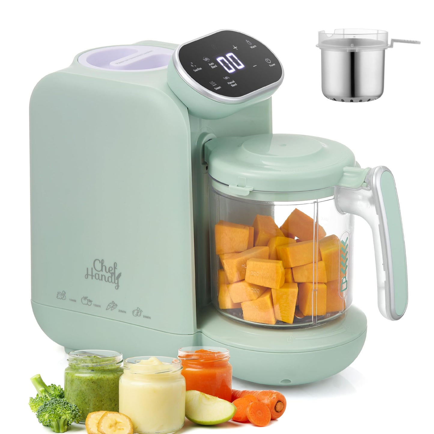 Chefhandy Baby Food Maker with Stainless Steel Steam Basket | 5-in-1 Baby Food Processor, Steamer & Blender for Homemade Baby Food, BPA-Free, 6 Reusable Pouches, Ideal for Newborns & Infants, Green