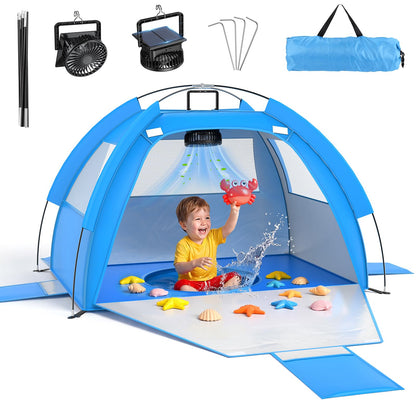 Dsquu Baby Beach Tent Solar Cooling Fan, Anti-UV Toddler Beach Tent Sun Shelter Portable Travel Fan Beach Shade Tent, Baby Play Tent Built-in Ceiling Fan Sun Shelters Toddler Beach Essentials