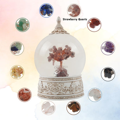 Strawberry Quartz Healing Crystal Tree Globe Colorful Lights and Glitter, Natural Gemstone Base, Spiritual Meditation, Positive Energy Good Luck, Home Decor, Birthday Gifts (Strawberry Quartz)