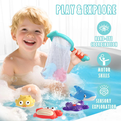 Mold Free Baby Bath Toys for Toddlers 1-3, No Hole Ocean Animal Bathtub Set with Mesh Organizer, Sensory Water Play for Infants 6-12 Months