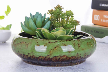 VanEnjoy 7.3 inch Round Large Shallow Succulent Ceramic Glazed Planter Pots with Drainage Hole, Bonsai Pots Garden Decorative Cactus Stand Flower Container (Green)