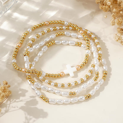 Bohxantium Pearl Gold Beaded Bracelets Set for Women White Cross Bracelet Stack Stretch 14K Gold Plated Beads Ball Stackable Non Tarnish Trendy Dainty Jewelry Friendship Christian Gifts for Women