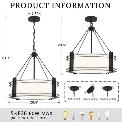 NZZDYI 20.4''Drum Chandelier,5-Light Fabric Modern Chandeliers,Black Farmhouse Round Pendant Light Fixture for Dining Room Kitchen Island Living Room Bedroom Hallway
