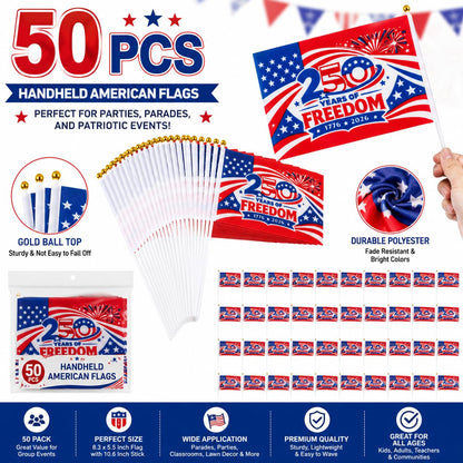 America 250th Anniversary Stick Flags 25/50 Pack – 1776-2026 Patriotic Hand Held American Flags, Small Mini USA Flags for Parade, Party, Classroom, Memorial Day, Independence Day & July 4th Decorations (25)