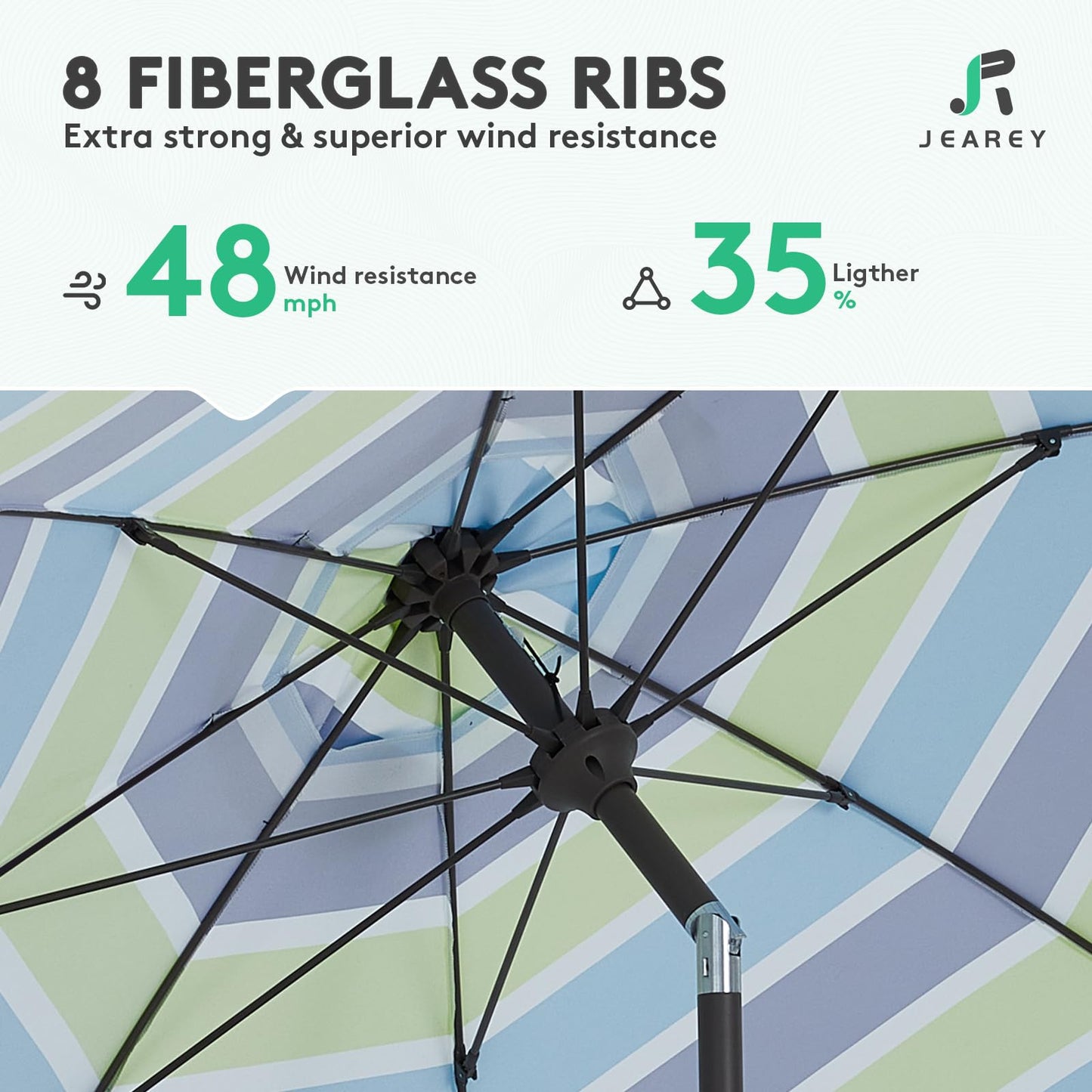 JEAREY 9FT Outdoor Patio Umbrella,Market Table Umbrella with 8 Fiberglass Ribs, Pool Umbrella with Tilt and Crank, UV Protection Lightweight & Wind-Resistant for Lawn, Garden, Deck and Backyard, Blue-Green Stripe
