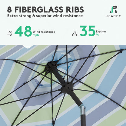 JEAREY 9FT Outdoor Patio Umbrella,Market Table Umbrella with 8 Fiberglass Ribs, Pool Umbrella with Tilt and Crank, UV Protection Lightweight & Wind-Resistant for Lawn, Garden, Deck and Backyard, Blue-Green Stripe