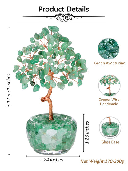 Top Plaza Healing Crystals Green Aventurine Crystal Tree with Glass Base Handmade Natural Gemstone Life Tree Mini Bonsai Money Trees Good Luck Home Office Desk Decor