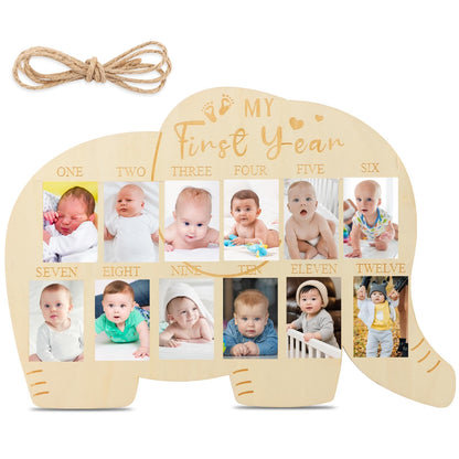 XIHUADOU My First Year Picture Frame – One-Year Photo Board for Baby, 12-Month Collage Keepsake with Stand, Gender Neutral Design for Baby Showers, New Mom Gifts & Nursery Decor (Elephant Sign)