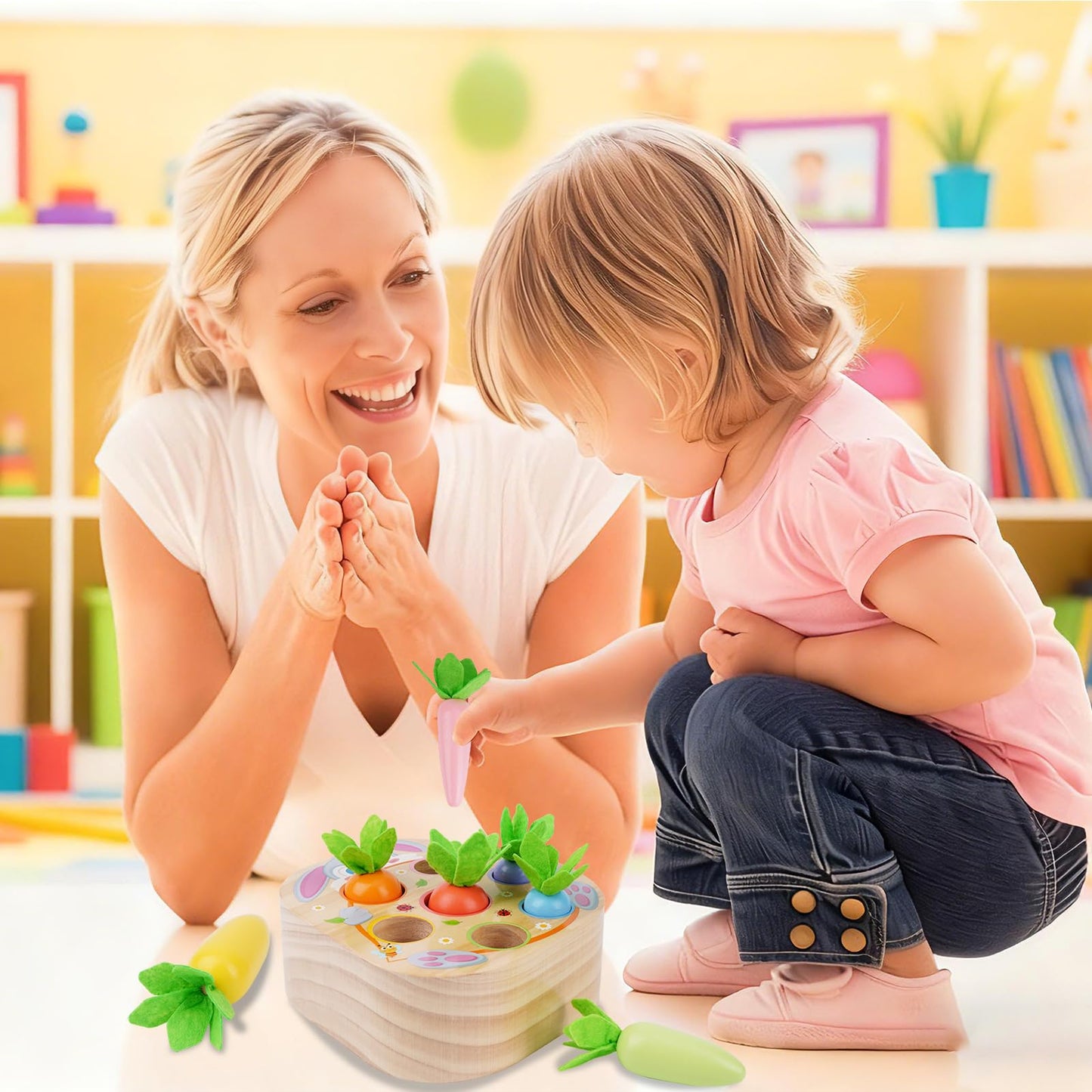 KMTJT Montessori Toys for 1 2 3 Year Old Toddlers, Rabbit Carrot Harvest Game Wooden Toys for 6-12 Months Baby Boys and Girls, Shape Sorting Matching 1st Birthday Easter Gifts for Babies 1-3 (Macron)