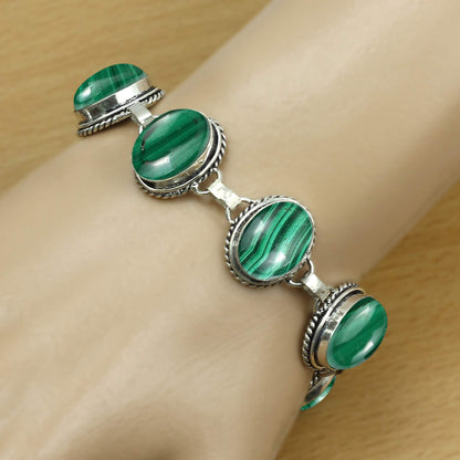 Natural Malachite Silver Plated Handmade Link Bracelet for Women - April Birthstone Oval Gemstone Adjustable Bracelet Vintage Style Bohemian Jewelry - Gifts for Mom Wife Sister Her