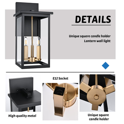 MELUCEE 3-Light Black Outdoor Wall Light Fixture, 16.5" Large Exterior Porch Light Wall Mount Farmhouse Outside Lantern Lights with Clear Glass for House, Patio, Front Door, Porch, Garage