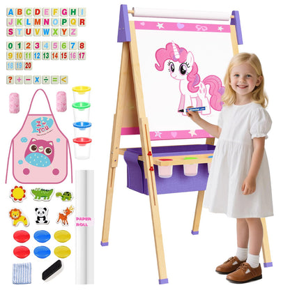 Art Easel for Kids, Adjustable Standing Wooden Toddler Easels, Kids Whiteboard & Blackboard with Paper Roll, Dry Erase Board, Drawing and Painting for Aged 2-4, 5-7, 8-12, Art Supplies Included