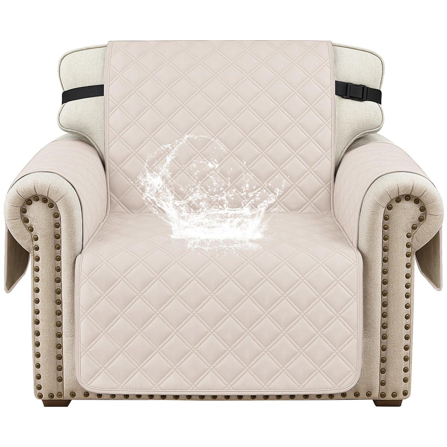 CYCMACO Waterproof Chair Covers for Living Room, Sofa Covers for Pets Washable with Side Pockets, Non Slip Couch Covers for Dogs, Quilted Dog Couch Cover with Elastic Straps (Armchair, Beige)