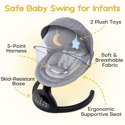 Baby Swings for Infants, Portable Baby Swing for Indoor and Outdoor, Bluetooth Baby Swing with Music Speaker, 5 Point Harness Belt, 5 Speeds and Timing