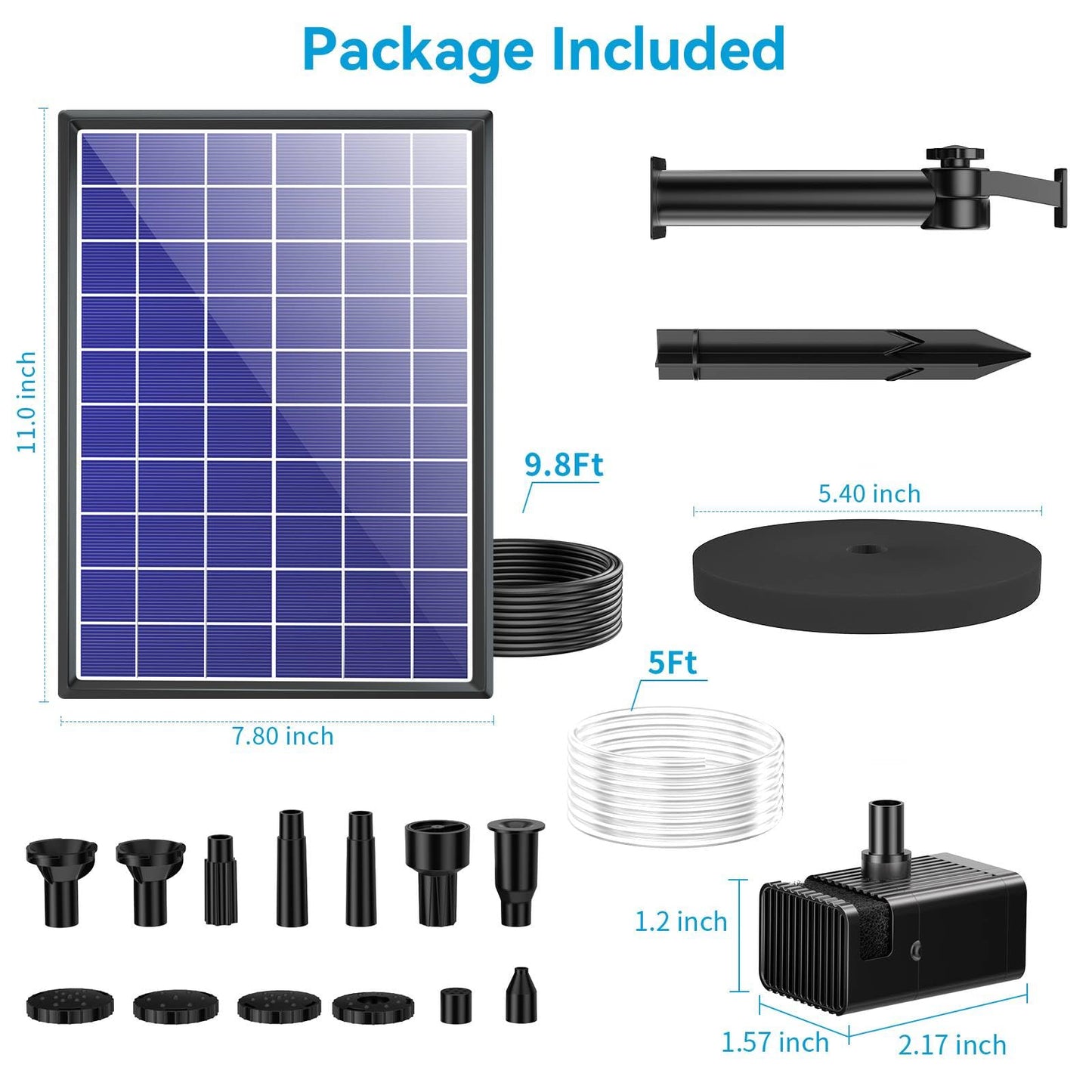 POPOSOAP 8W Solar Water Pump Built-in 3600mAh Battery Backup, Solar Bird Bath Pump with 9.8Ft Cable, 8 Nozzles & PVC Tubing, Solar Fountain for Bird Bath Garden Fish Tank Pond Water Feature P108D