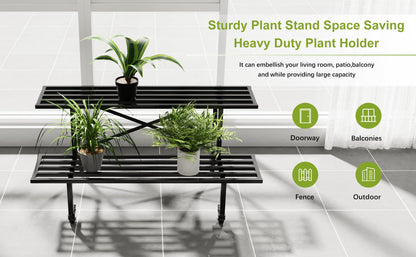 Zhongma 2 Tier Sturdy Metal Plant Stand with Wheels, L35.43 x W17.5 x H16.14 inch, Heavy Duty Plant Holder for Home Indoor and Outdoor,440 LBS Capacity & Heavy Duty Construction