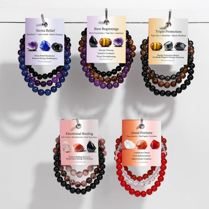 Vinswet Healing Crystal Bracelets for Women Men 8mm Tiger Eye Hematite Black Obsidian Natural Stone Beaded Stretch Bracelet Triple Protection Handmade Gemstone Reiki Spiritual Jewelry Gifts