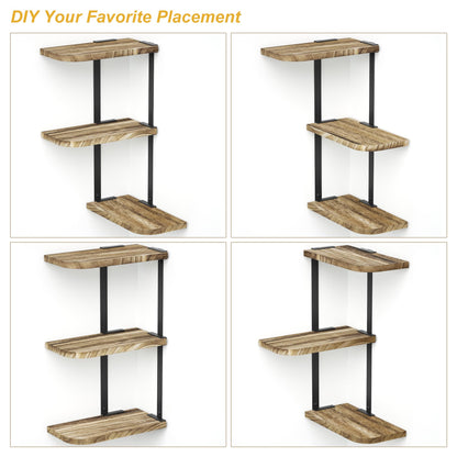 Love-KANKEI Corner Shelf Wall Mount of 3 Tier Rustic Wood Floating Shelves for Bedroom Living Room Bathroom Kitchen Office and More Carbonized Black