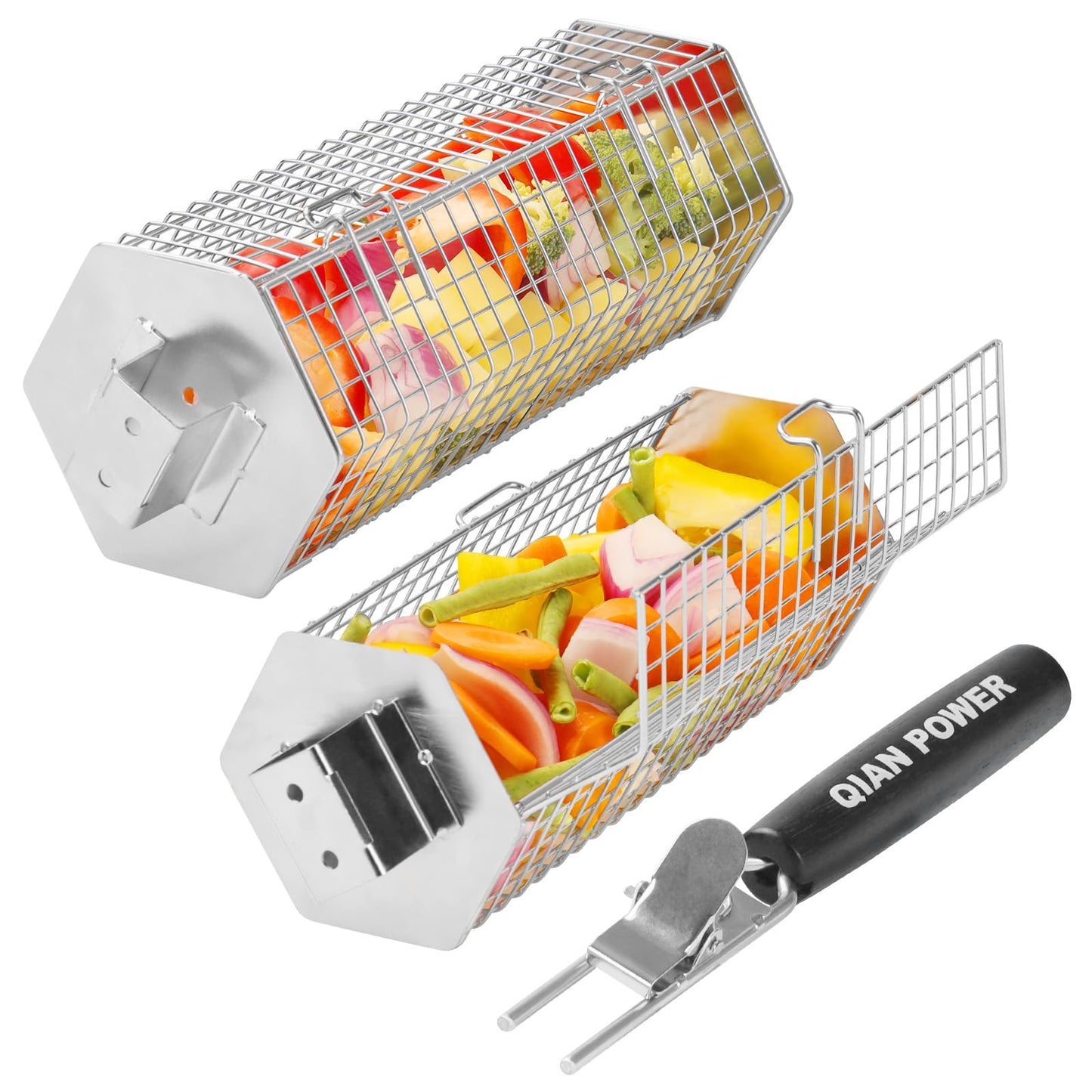 Grill Baskets 2PCS 304 Stainless Steel with Removable Wooden Handle Hexagon Design for BBQ Camping & Outdoor Cooking Accessories, Great Gift for Grill Lovers