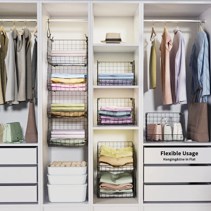 4 Tier Closet Hanging Organizer, Closet Organizers and Storage with 5 S Hooks, Closet Hanging Shelves & Freestanding Wire Storage Basket Bins, for Clothing Shoes Handbags Clutches Accessories Patent