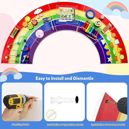 Sinpedex Rainbow Wall Busy Board for Kids: Wooden Montessori Activity Panel | 13-in-1 Sensory Learning Toys for Fine Motor Skills - Playroom & Nursery Essentials for Toddlers