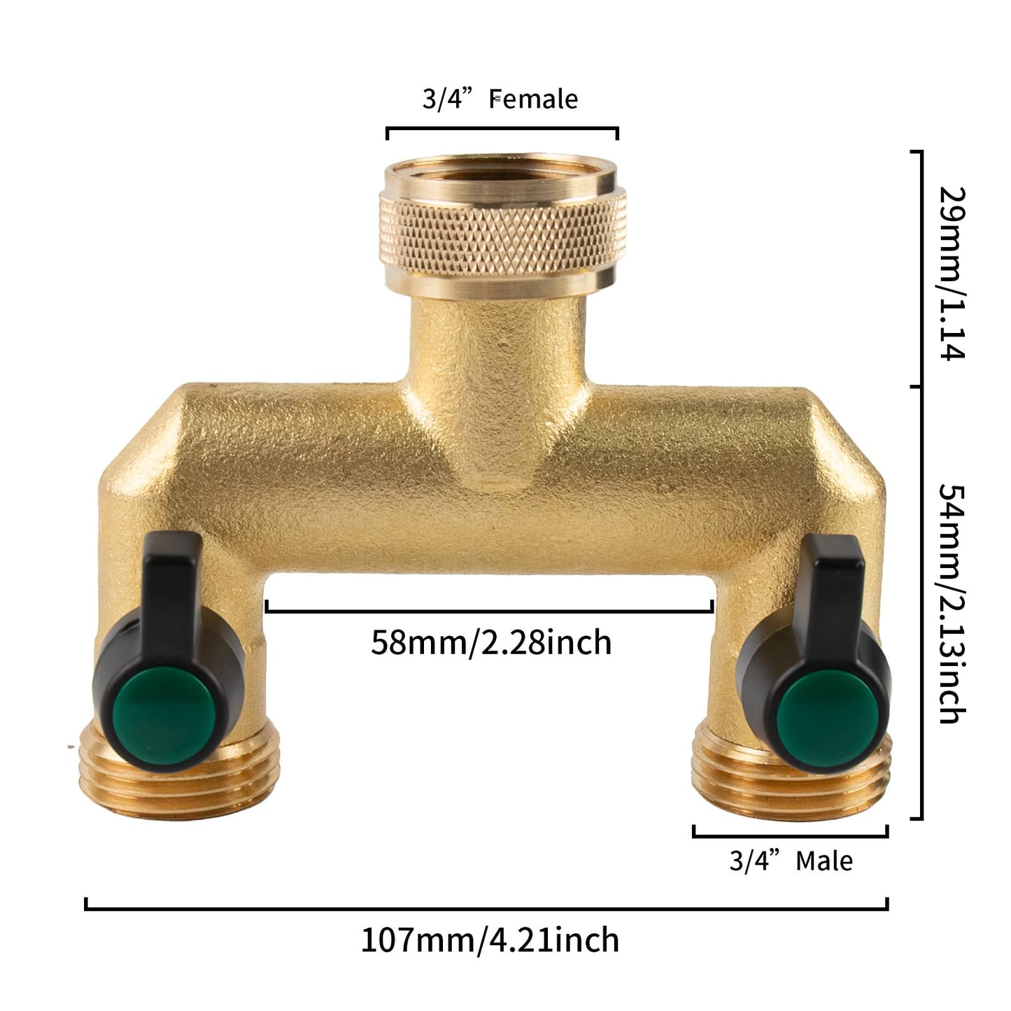 Hose Splitter, 2 Way Heavy Duty Brass Garden Hose Splitter, Outdoor Faucet Splitter, for 3/4" Hose Connector, Hose Spigot Adapter with 2 Individual ON/Off Valves