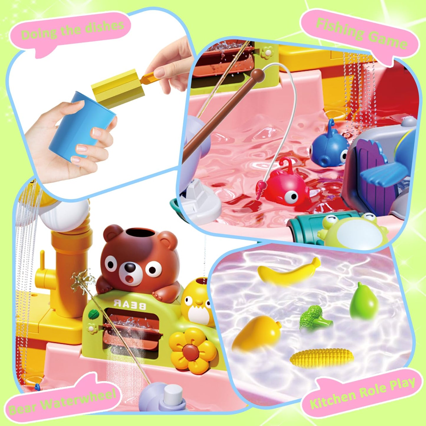 Water Table for Toddlers 1-3, Water Toys for Kids Ages 4-8, Play Sink with Electric Pump Kitchen Play Food Fishing Game, Summer Outdoor Toys Sand Activity Sensory Playset Girls Boys, Pink