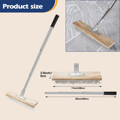 ROLKAR Floor Scrub Brush, Deck Brushes for Scrubbing Heavy Duty, Concrete Scrubber Outdoor Broom, Metal Wire Pool Brush Stainless Steel, Garage Patio Gunite Tile Algae Moss Cleaning Tool Long Handle