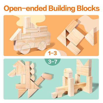 Large Wood Building Blocks with Wooden Storage Tray, 64-Piece Hardwood Sorting & Stacking Toys for Building & Balancing, Educational Preschool Learning Toys for 3+ Year Old Boy and Girl Gifts