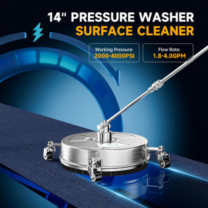 TOR 14" Stainless Steel Pressure Washer Surface Cleaner with 4 Caster Wheels, 4000 PSI, 2 Extension Wands & Nozzles, Power Washer Surface Cleaner for Concrete, Driveway, Patio, 1/4" Quick Connect