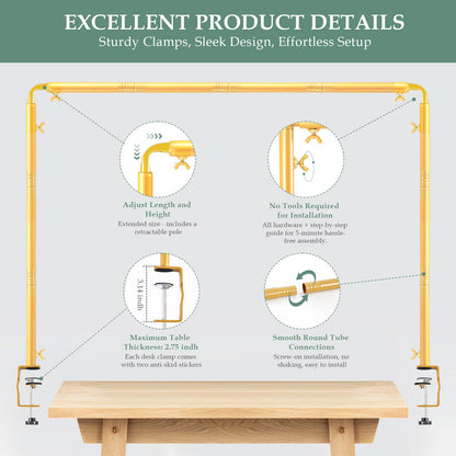 WellSign Over The Table Rod Stand with Clamps 31"-110" Length 31"-64" Height Adjustable Metal Table Hanging Decor Rod with Storage Bag for Gender Reveal Ceremony Party, Gold Table Balloon Arch Stand