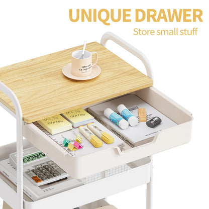 TOOLF 3-Tier Metal Utility Rolling Cart with Drawer and Wooden Table Top, Storage Cart White Trolley Kitchen Organizer Rolling Desk with Locking Wheels for Office, Classroom, Home, Bedroom