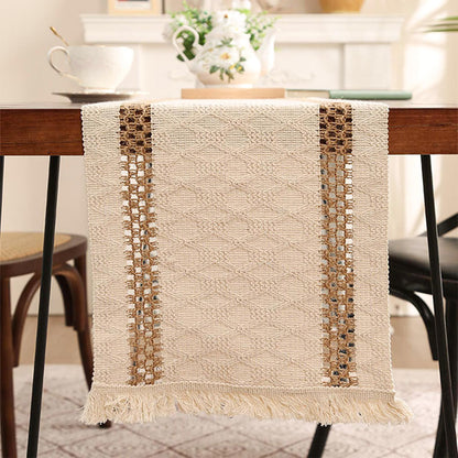 Niviy Boho Table Runner for Summer Home Decor 72 Inches Long Farmhouse Macrame Table Runner Cotton Linen Woven Table Runners for Fall Dining Table Decoration, Beige & Brown