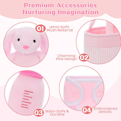 MaoGoLan 5pcs Baby Bunny Doll Set Bunny Plush Toys for Girls Kids, Pink Bunny Stuffed Animal with Doll Accessories (Bassinet/Diaper/Bottle/Blanket), Pretend Play Toys, Gift for Little Girls
