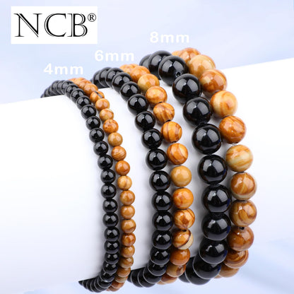 NCB 2-Piece 4mm Natural Crystal Gemstone Stretch Bracelets – ﻿Black Onyx, Woodgrain Jasper Handmade Reiki Energy Healing Jewelry for Meditation,Yoga, Unisex